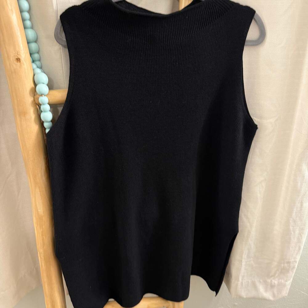 Eileen Fisher Black Mock Neck Ribbed Sleeveless Tank Top knit old money cotton